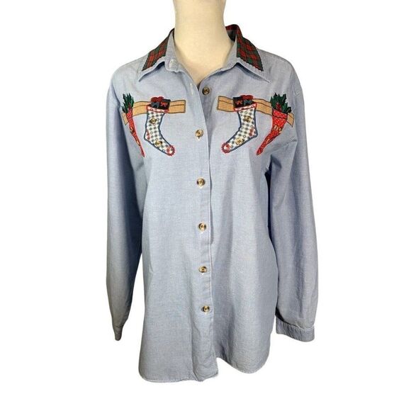 Signatures by Northern Isles Christmas Embroidered Chambray Shirt Blouse Top 12 - Picture 1 of 11